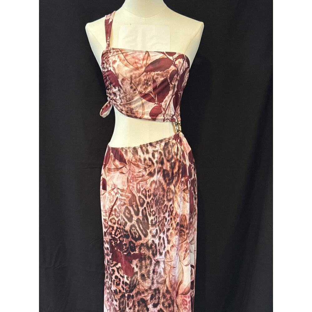 One-Shoulder Leopard & Floral Print Cutout Maxi Dress